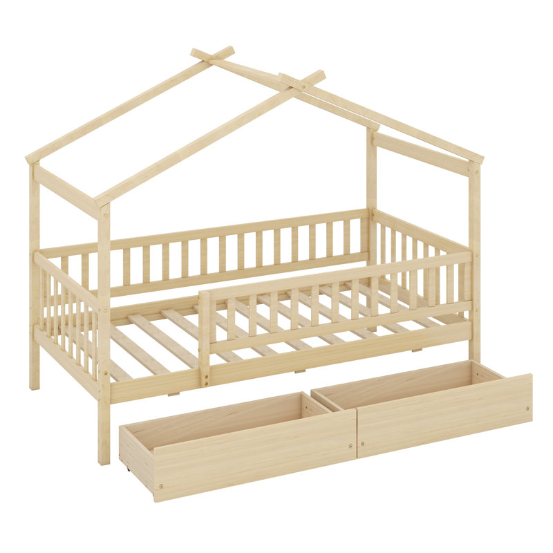 Lit en bois avec deux tiroirs, Naturel