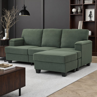 86" L-Shaped Linen Sectional Sofa with Armrest Organizer, Movable Ottoman, and Thick Cushions