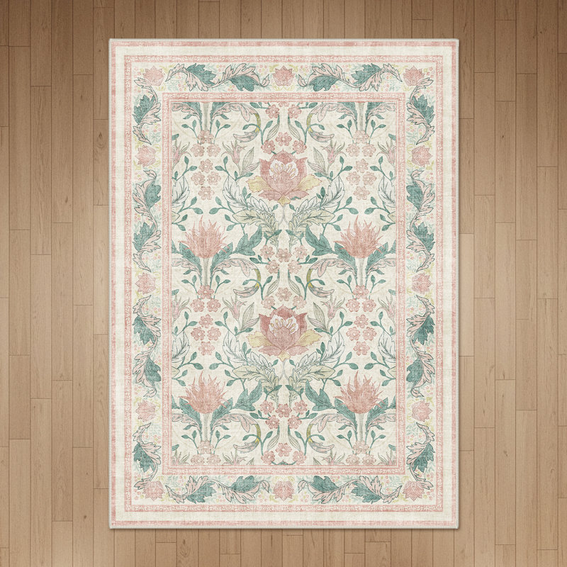 Tapis floral rose / beige antidérapant lavable à la machine Bloom, Rectangulaire 8 pi x 10 pi, Beige / Rose