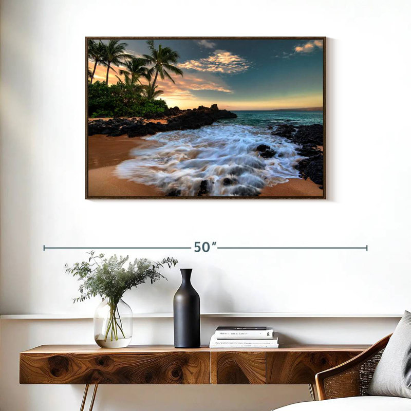 Maui, baie de Makena, Borasisi, 37 po x 25 po, Cadre flottant noyer