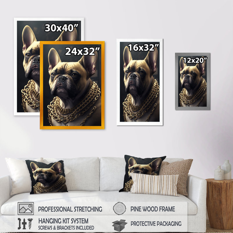 Mafia Frenchie II - impression sur toile, Impression noire sur toile encadrée, H 32 po x l 24 po x P 1 po