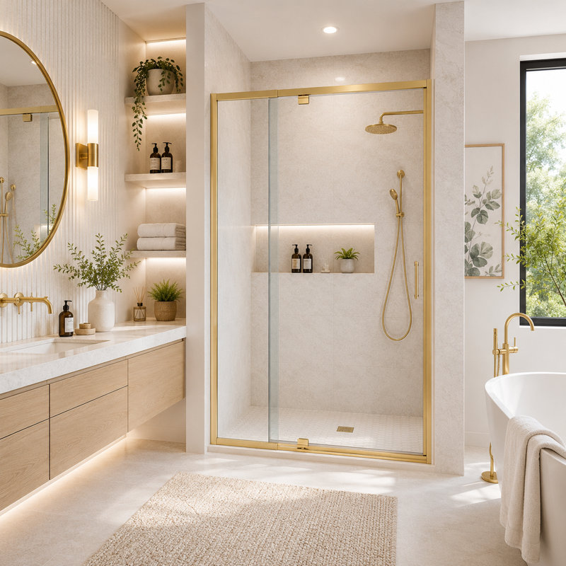 privdr 38"-42" W X 71" H Pivot Swing Semi-Frameless Shower Door with 1/4" Tempered Clear Glass, Brushed Gold