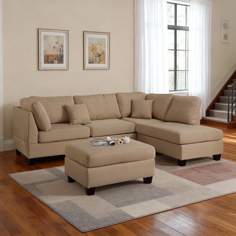 Canapé modulaire réversible en tissu 3 pièces avec repose-pieds, Sable