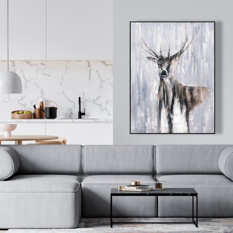 Hiver, abstrait, cerf, brun, toile illustrative décorative encadrée