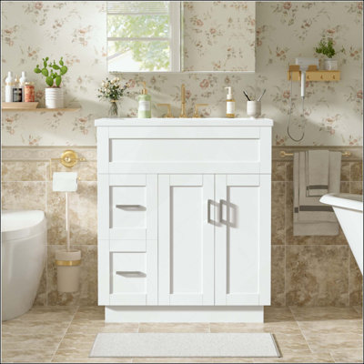 Meuble-lavabo de salle de bain avec 2 portes, 2 tiroirs, tablette réglable, glissières cachées pour les tiroirs et charnières pour portes (robinet non inclus)