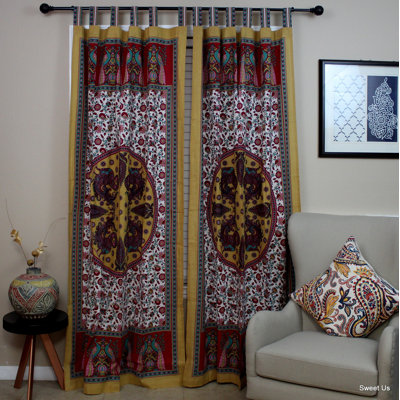 Peacock Floral Tab Top Curtain Cotton Panel Drape