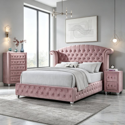 Pink Flannelette Upholstered Queen Size Bed