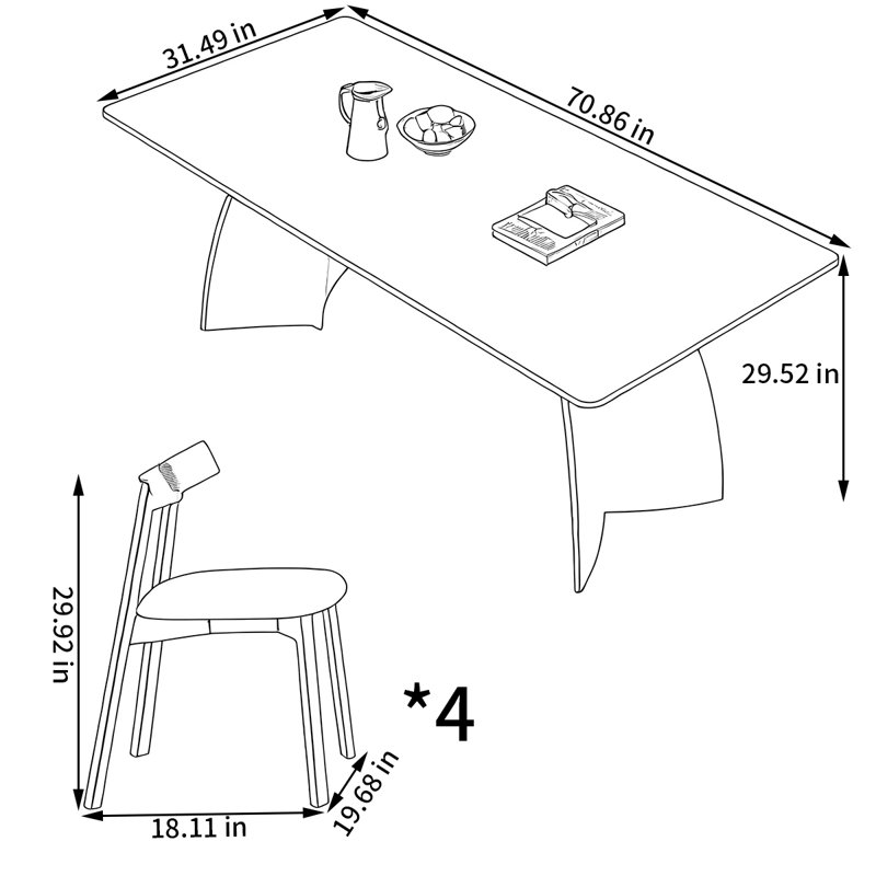 Ensemble de table de salle à manger rectangulaire et chaises, H 29,52 po x L 70,86 po x l 31,49 po