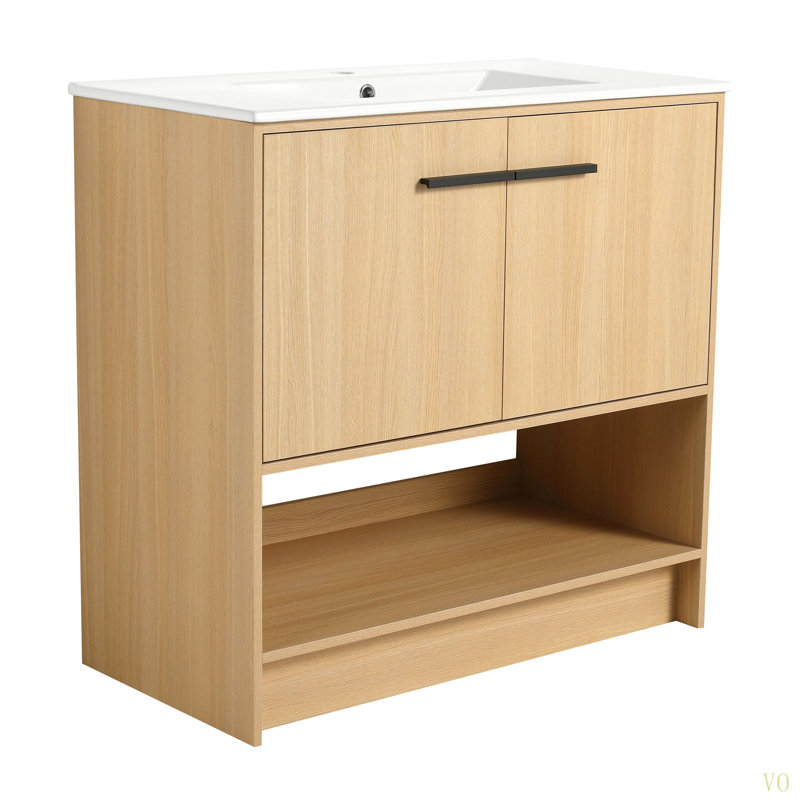Meuble-lavabo 36 po avec lavabo en céramique, 2 portes à fermeture douce, meuble-lavabo autoportant, contreplaqué, Chêne
