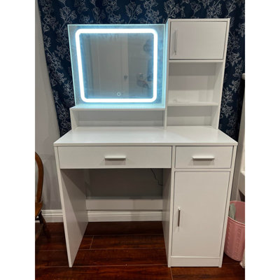 Bureau de coiffeuse avec miroir et bande lumineuse à DEL, coiffeuse avec grand tiroir, commode de rangement à 3 niveaux et 3 modes d'éclairage à luminosité réglable, convient à la chambre à coucher