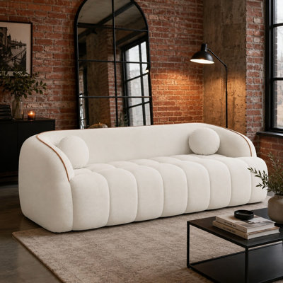 98.4" Modern Corduroy Cloud Sofa, 3-Seater Compressed Couch with 2 Pillows, Deep Seat Upholstered Sofa, Bubble Channel Tufted Sofa in a Box, No Assembly Required for Living Room, Apartment & Office（White）