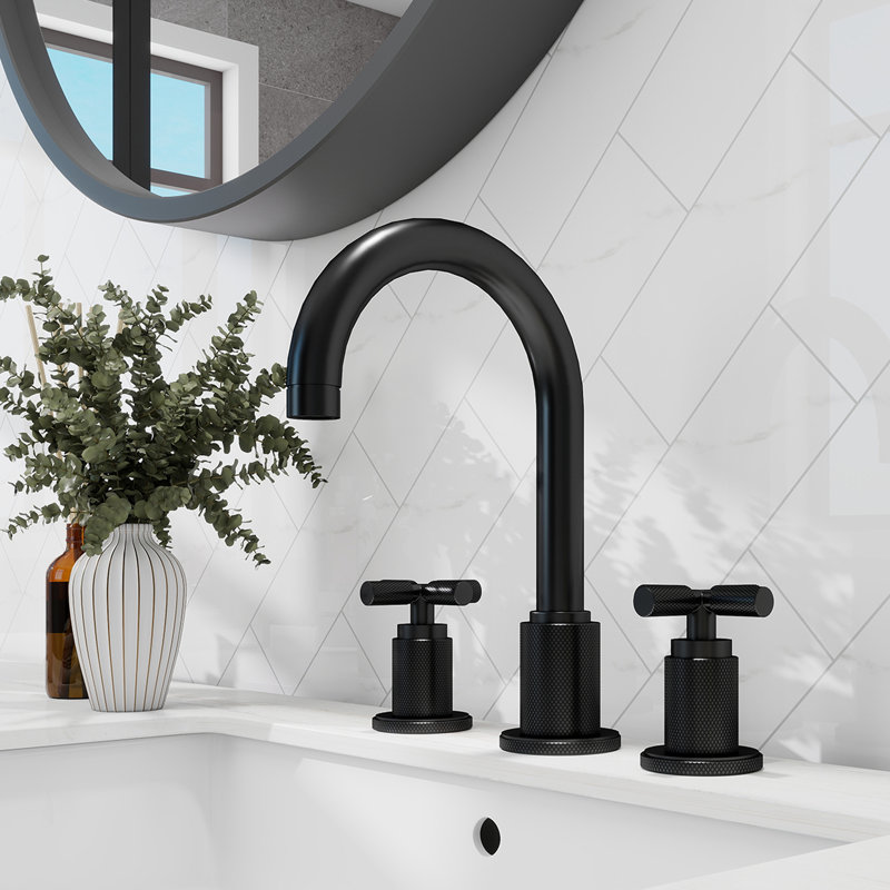 Solid Brass Widespread Bathroom Faucet With Pop-Up Drain Assembly, Matte Black