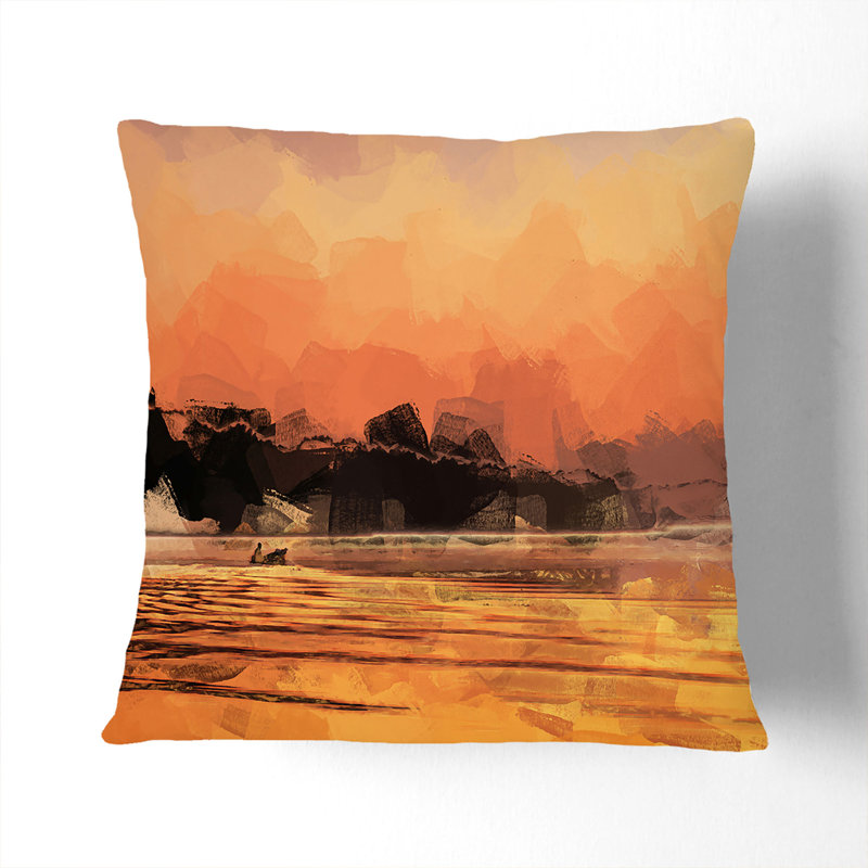 Boat Under An Orange Sunset In Abstract Abstract Square Throw Cushion, 40cm H x 40cm W x 15cm D