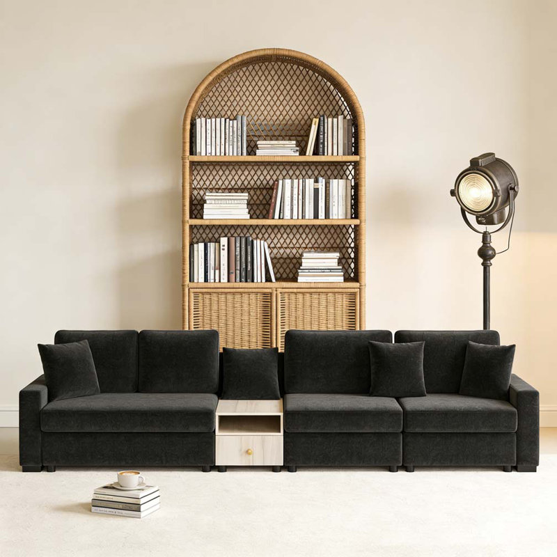 Canapé modulaire rembourré avec accoudoirs et console centrale, Noir