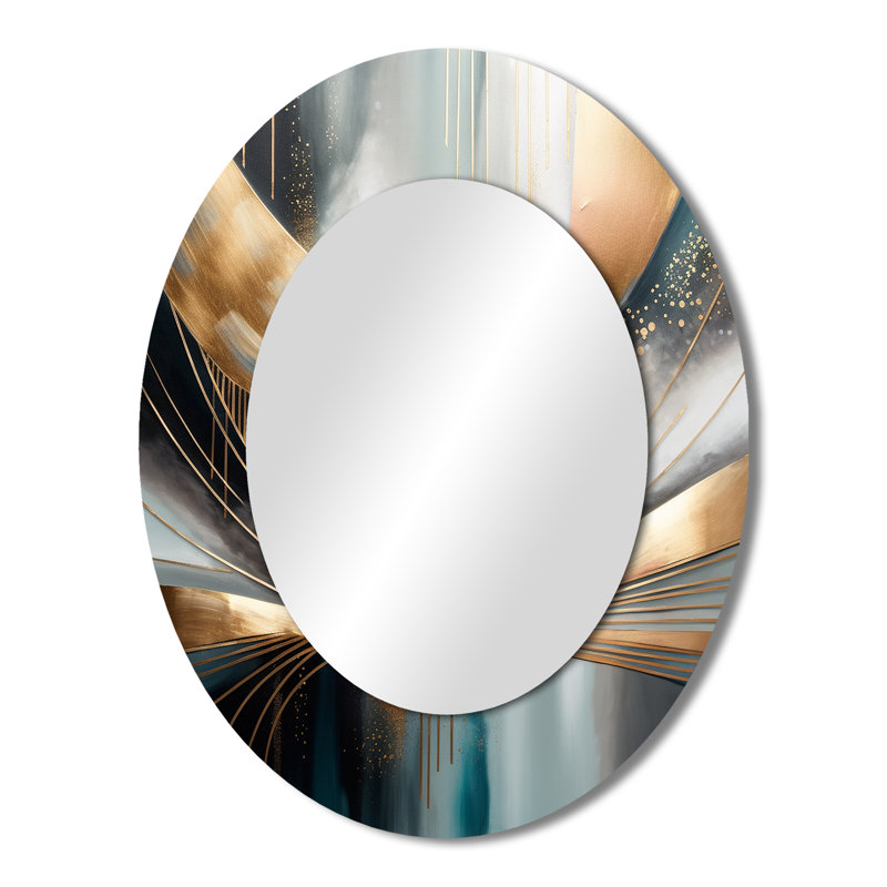 Abstrait formes abstraites et lignes V - miroir mural moderne ovale doré, 43" x 33"