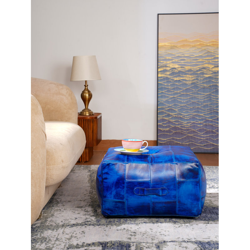 Solid Handmade Buffalo Leather Square Pouf (Recycled Foam With Fibre Fill), Blue Genuine Leather, 15" H x 24" W x 26" D