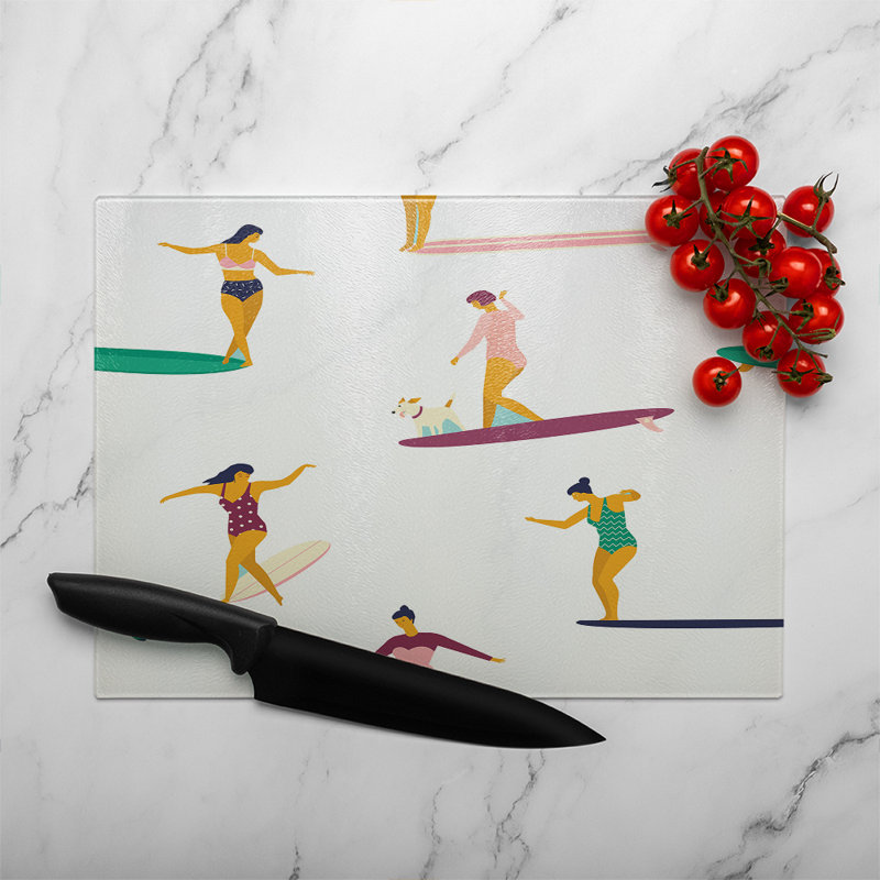 Female Surfers Glass Chopping Board