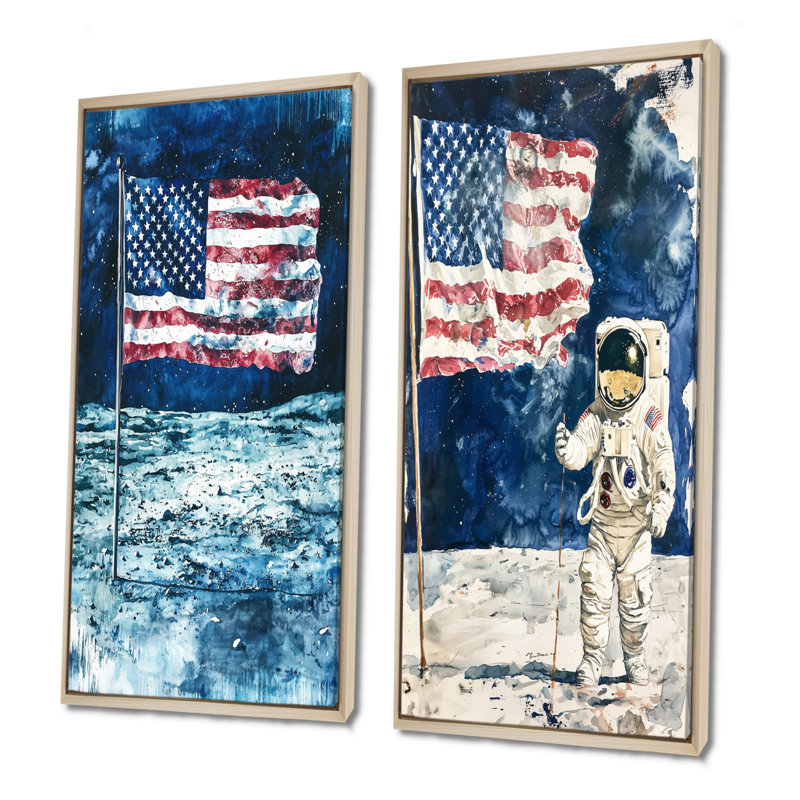 Drapeau des États-Unis sur l'atterrissage de la lune I - Astronomie et espace, art mural 2 panneaux, H 40 po x l 41 po