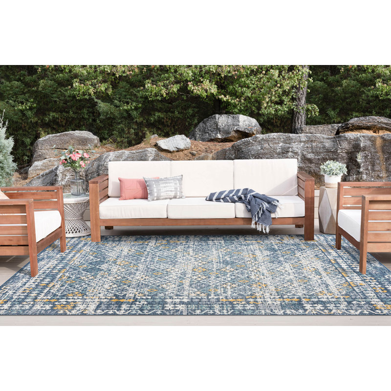 Deltufo Moroccan Reversible Flatweave Polypropylene Indoor / Outdoor Area Rug - Navy , Rectangle 7'11'' x 10'3''