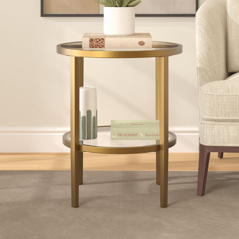 Hera Glass Top End Table, Antique Brass