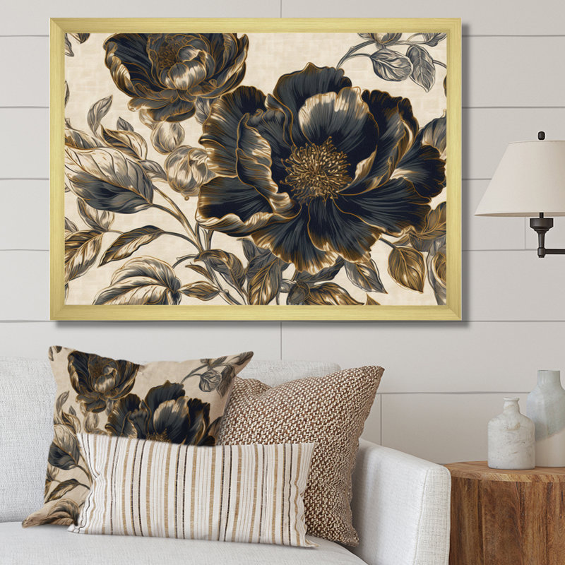 Fleur d'œillet bleu doré II sur toile, H 12 po x l 20 po x P 1 po, Encadrement doré