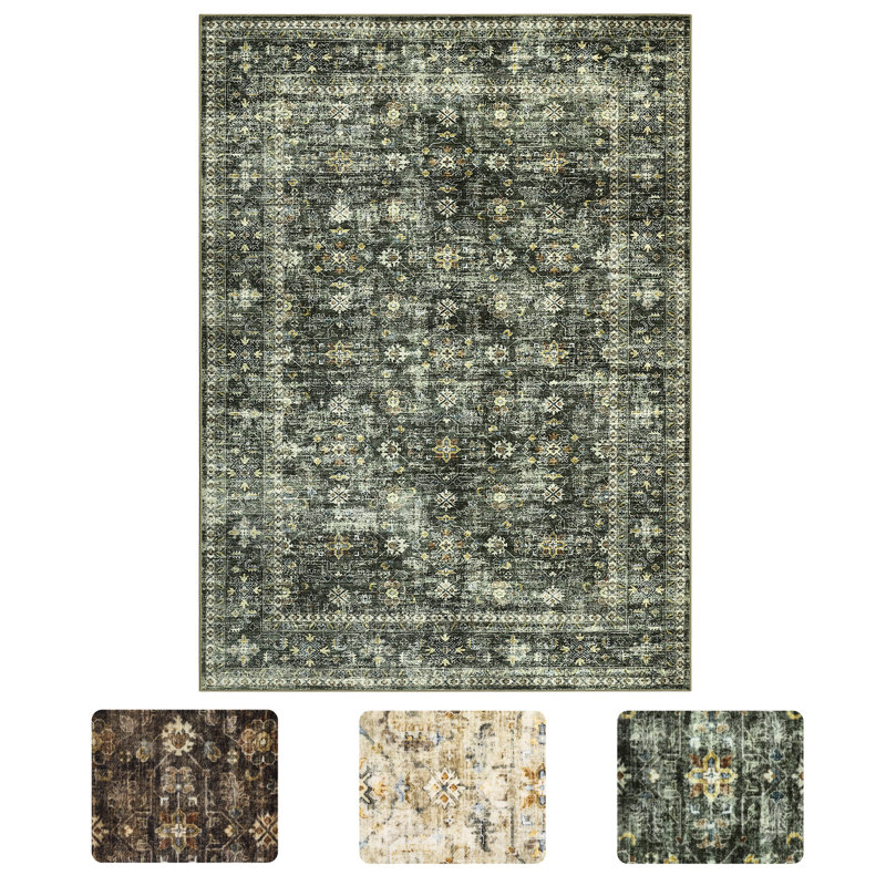 Washable Vintage Floral Printed Area Rug for Living Room Decor Non Slip Low Pile Thin Rugs for Bedroom Decor Entry Rug Stain Resistant Soft Distressed Carpet
