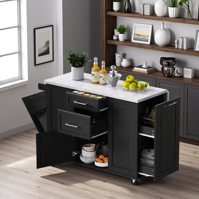 Îlot de cuisine 50,7 po avec rangement pour bac à ordures inclinable et organisateur d'armoire escamotable, îlot de cuisine sur roulettes sur 5 roulettes