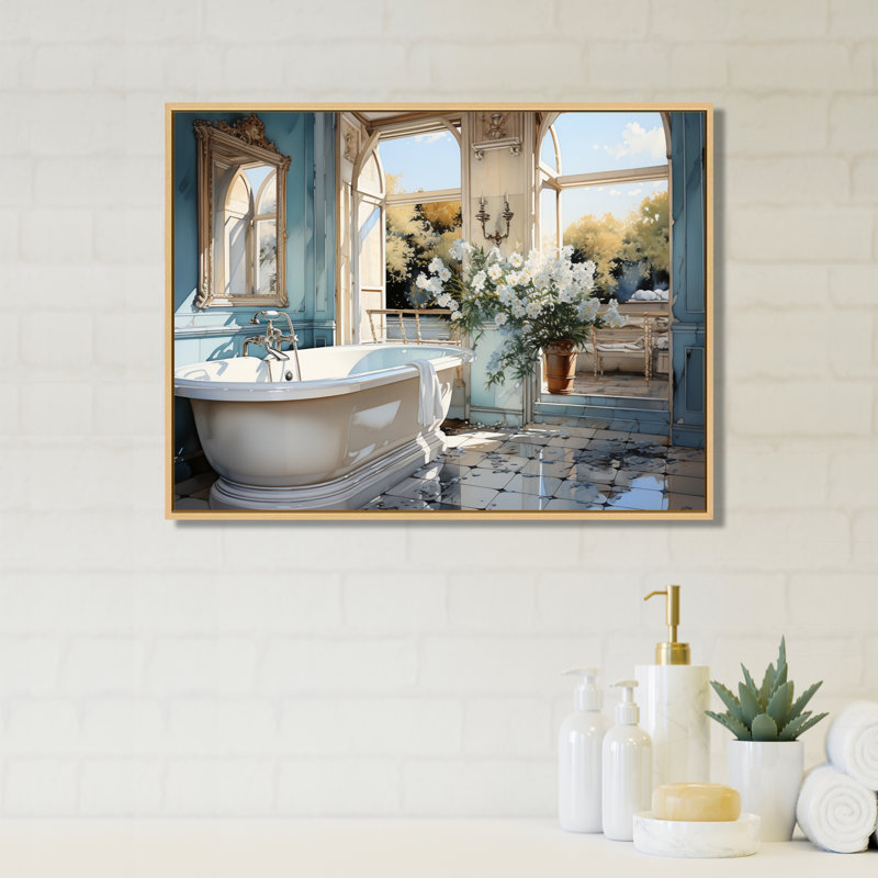 Bathroom Bathroom Reflections Of I - Impression sur toile encadrée, H 34 po x l 44 po x P 1,5 po, Cadre flottant érable