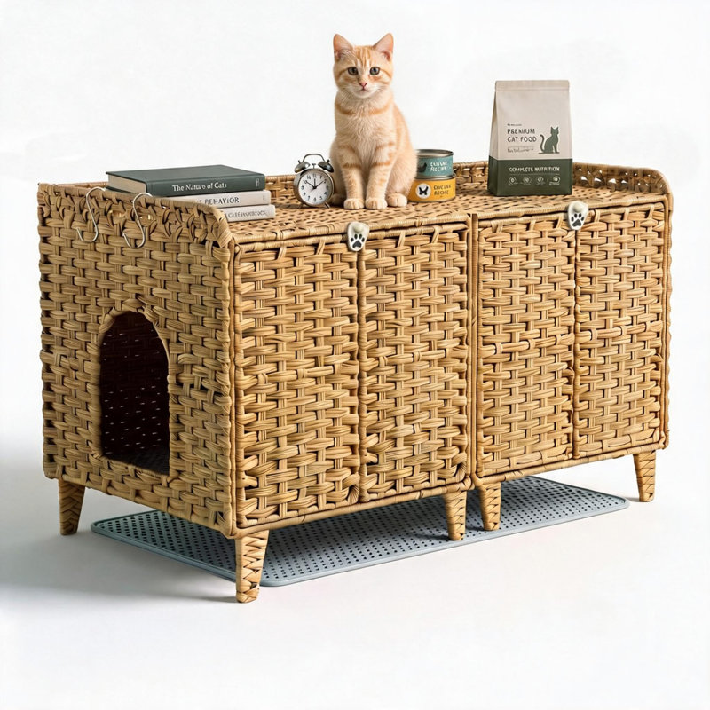 Litière cachée en rotin pour 2 chats, évents pour chambre double, bois naturel, Naturel