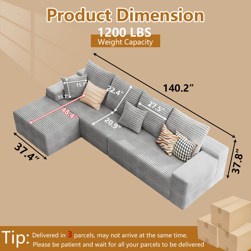 140" Modular Cloud Sectional Sofa With 1 Ottoman,Modern Minimalist Upholstered Couches, Comfort L Shaped Sofa For Living Room,Deep Seat Corner Couch,No Assembly Required,5 Seater