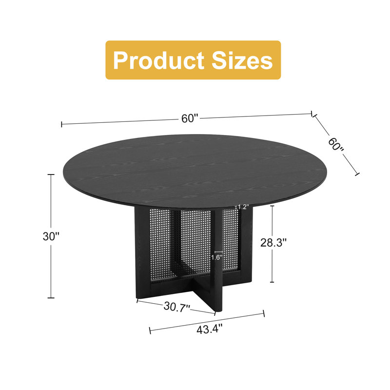 Table de salle à manger ronde en bois massif avec piédestal en rotin, Noir, H 30 po x L 60 po x l 60 po