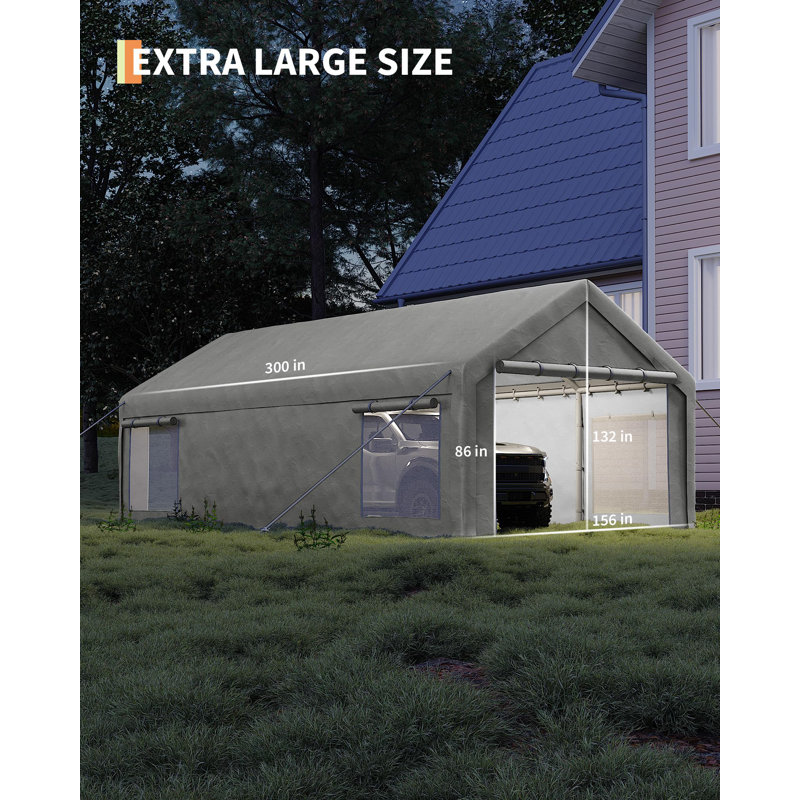 Abri d'auto robuste 13 x 25 pi avec fenêtres enroulables pour voiture, camion, Blanc
