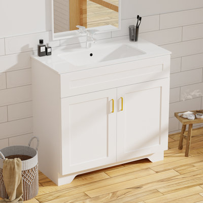 Meuble-lavabo de 36 po avec lavabo, armoire de rangement à double porte en bois Farmhouse, meuble-lavabo autoportant de style ferme avec lavabo en céramique (peinture, blanc, 36 po)
