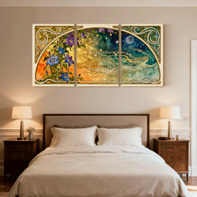 Art Nouveau Floral and Celestial Set of 3 Canvas Wall Art Prints, 18" H x 36" W