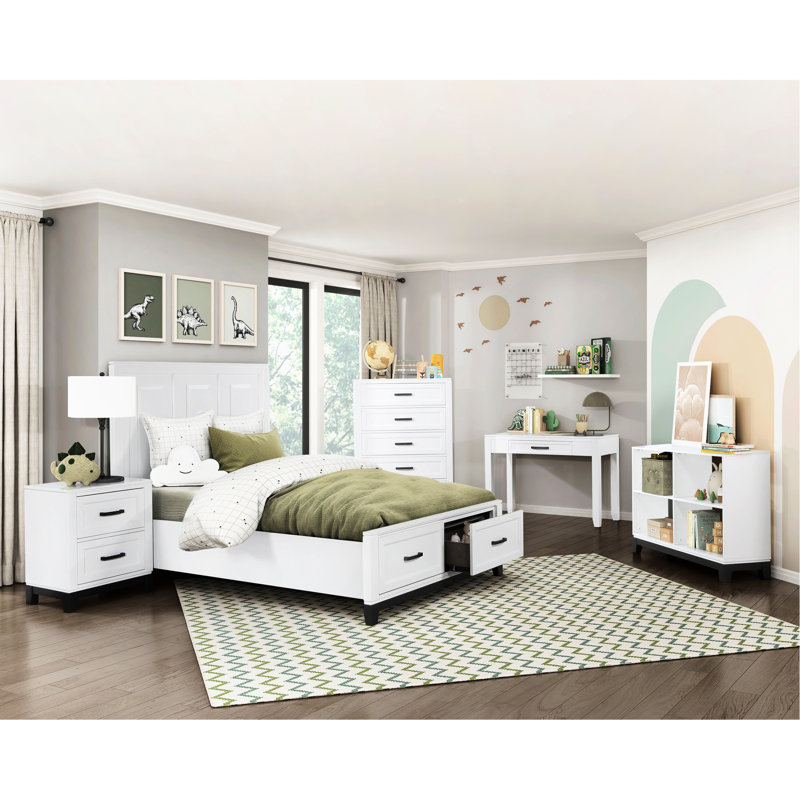 Lit plateforme rustique blanc avec rangement - élément de chambre à coucher avec tiroirs complets