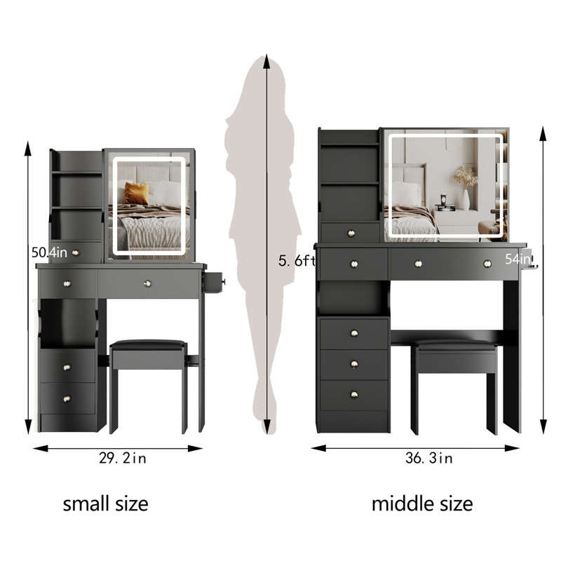 29.2" Small Size Left Drawer Desktop Vanity Table + Cushioned Stool, 2 AC+2 USB Power Station, Hair dryer bracket, Extra Large Touch Control Sliding LED Mirror, Tri-color Switching, Brightness Adjust