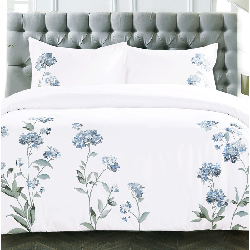 Modern & Contemporary Cotton Floral Duvet Cover, Queen Duvet Cover + 2 Standard Shams, Blue