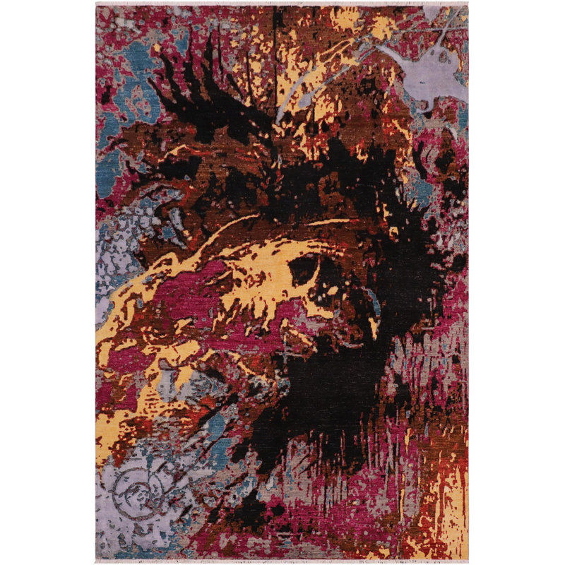 Tapis jaune / rouge / noir noué à la main de conception unique 1990S 7 pi 9 po x 10 pi 5 po Kellyanna