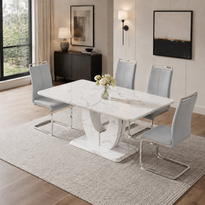 Modern Marble Pattern Dining Table Set With UShaped Pedestal And Faux Cantilever Chairs