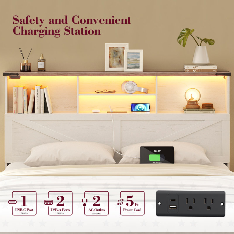 Farmhouse Twin Bed Frame with Storage, High Headboard with Charging Station and LED Light, Noise Free, Easy Assembly, Twin