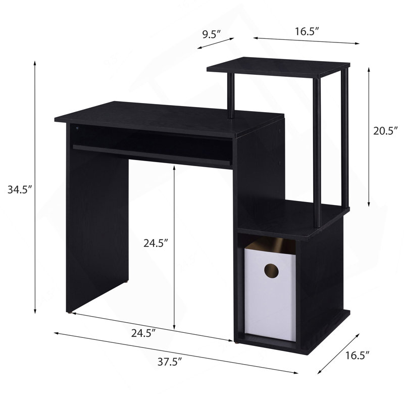 Bureau d'ordinateur noir avec plateau à clavier et tablettes ouvertes, Noir