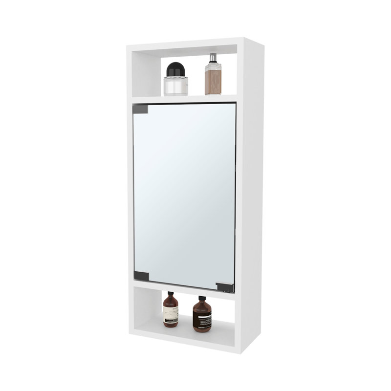 Armoire à pharmacie murale pour salle de bain blanche avec porte miroir et trois tablettes latérales ouvertes de 30,5 pouces de hauteur