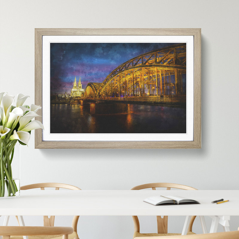 Cologne Cathedral & the Hohenzollern Bridge - Picture Frame Graphic Art Print, 33cm H x 45cm W x 2cm D, Oak Framed
