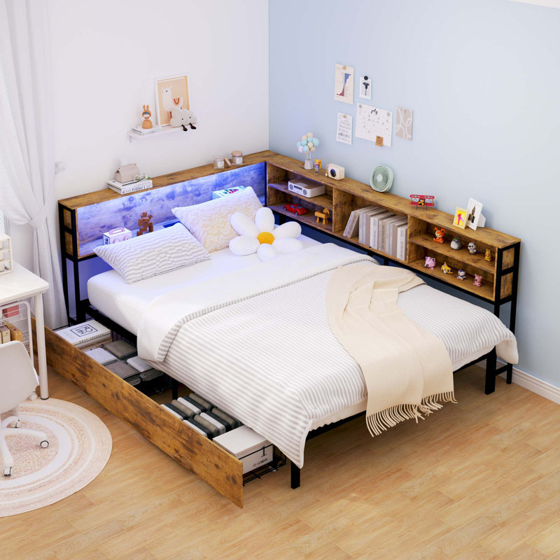 Daybed with Bookcase,Charging Station and LED Light, Full/Double, Brown
