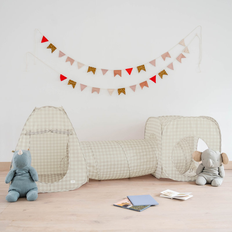 Ensemble de tente de jeu et de tunnel 3 en 3 3 pousses en tissu recyclé, Vichy beige