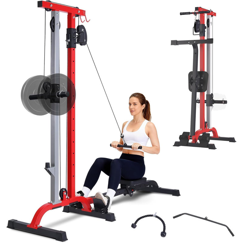 2-in-1 Rowing & LAT Pull Down Cable Machine – Adjustable Resistance – High/Low Pulley System – Compact Multi-Function Strength Training – Black & Red