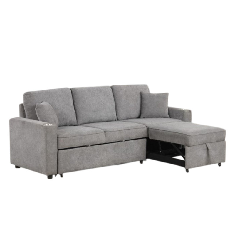 Dily Sleeper Sectional Sofa With Pull Out Bed And 2 Pillows, Gray, Gray