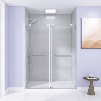 56-60 "W X 74" H Frameless Double Sliding Shower Door, 5/16 "(8Mm) Tempered Glass, Explosion Proof Film, Stainless Steel Handle, Square Tube Track, Brushed Nickel