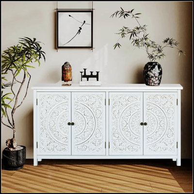 60 Inch Accent Cabinet with 4 Doors, Rustic Wood Sideboard for Home Decor and Organization