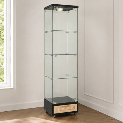 Glass Display Cabinet with Locking Drawer, Tempered Glass 4-Shelf Bookcase, LED Remote Lighting, Black Modern Storage